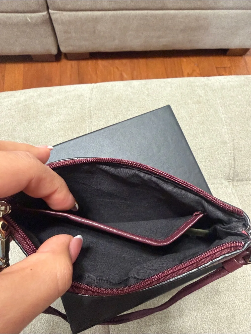 Calvin Klein Burgundy Leather Wristlet Clutch with Gold Accents